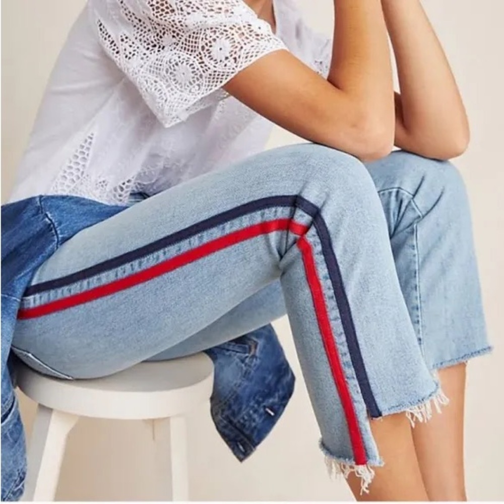 MOTHER Light Blue Cropped Jeans with Red and Blue Stripes